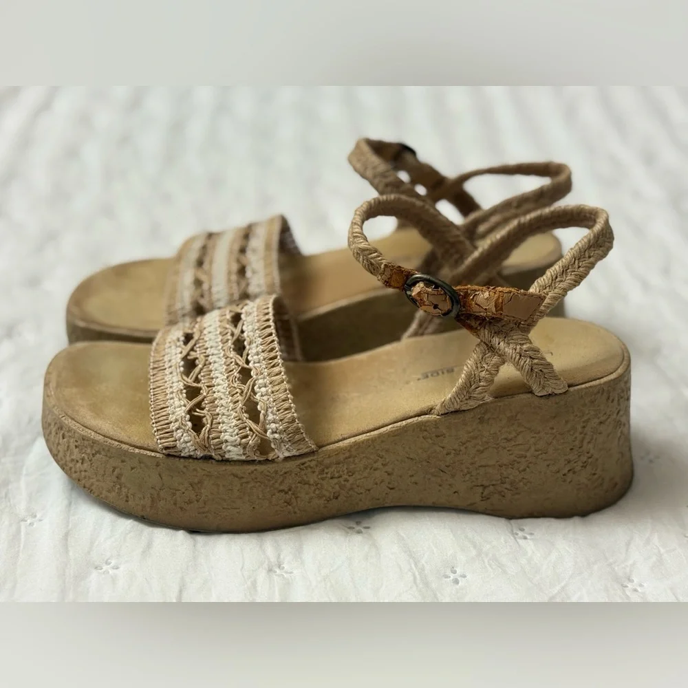 Lower East Side Platform Boho Wedge Straw Weaved Sandals Ankle Straps Size 7.5